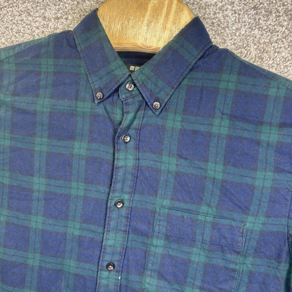 Uniqlo Flannel Shirt Mens Medium Blue Green Plaid Button Up 331-441772